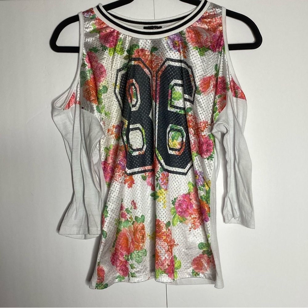 rue21 Floral Mesh Jersey Top 86 Graphic Cold Shoulder Size M